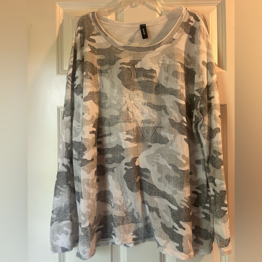 Boutique Gray Camouflage Rock and Roll Long Sleeve Top